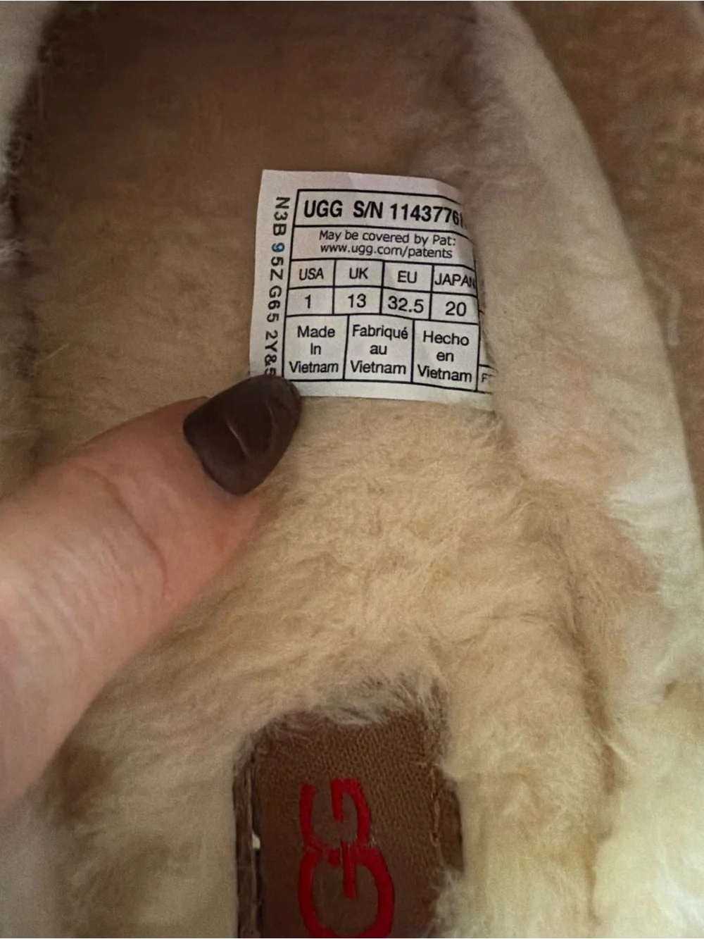 UGG Chestnut Suede Shearling Slip-On Slippers with Red Trim